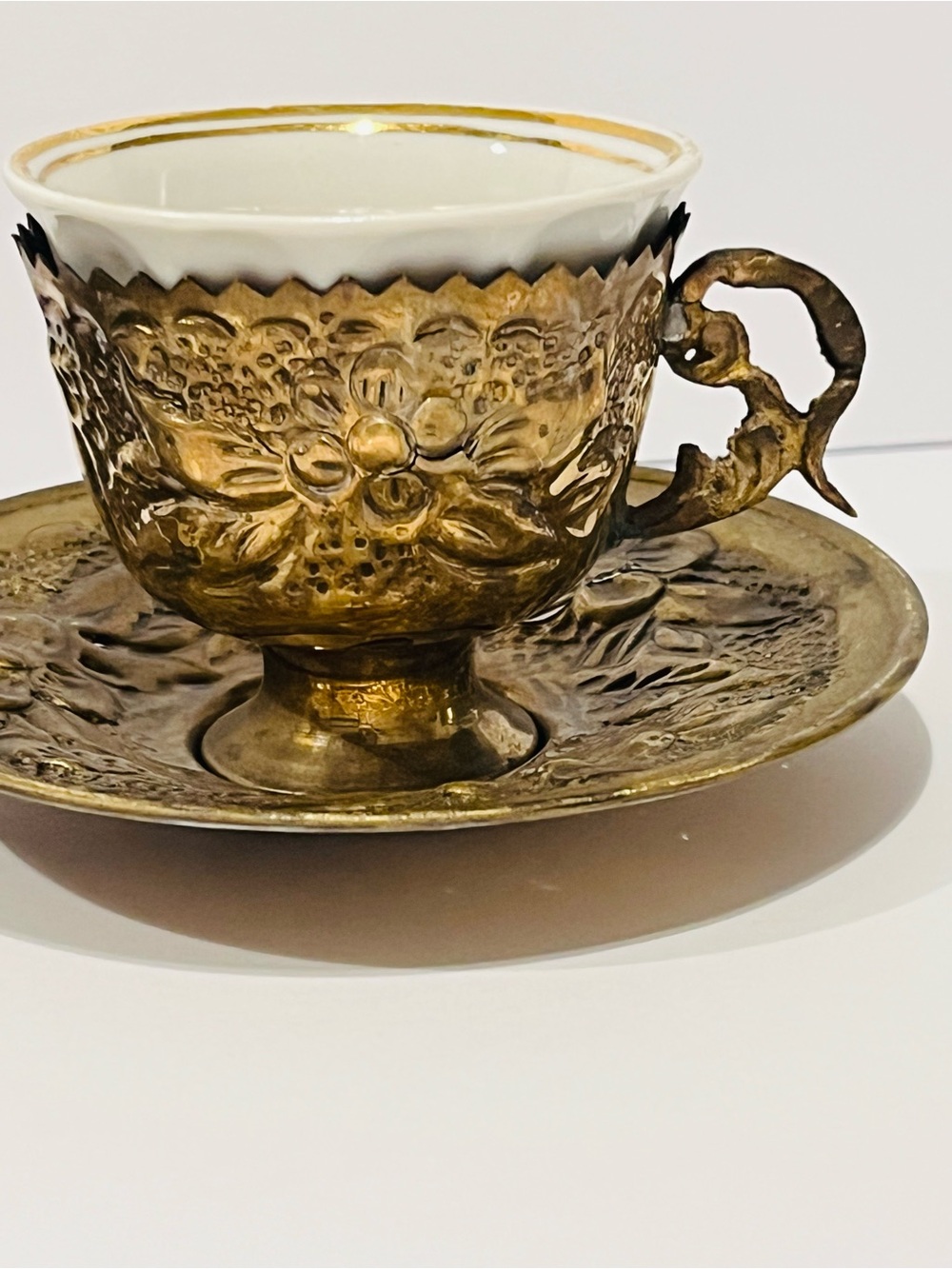 Antique Turkish Ornate Brass & Porcelain Coffee Cups and Saucers Serving 2 .